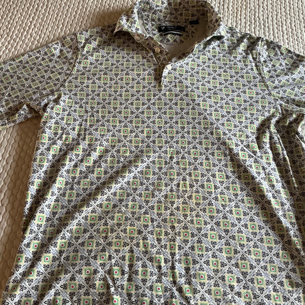 Men's Patterned Short-Sleeve Polo Shirt - Green Geometric